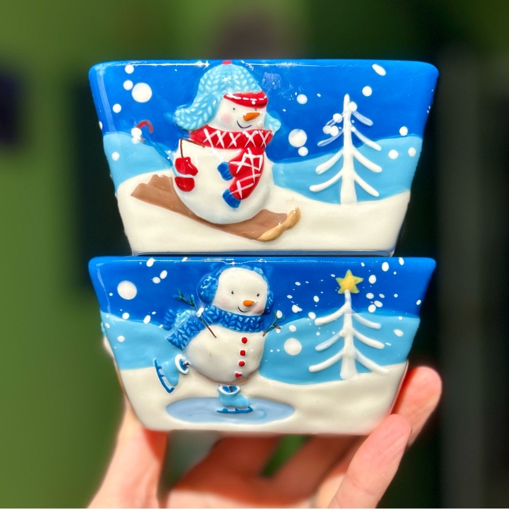 Vintage Winter Festive Snowman Ceramic St. Nicholas Square Let It Snow Set of 2